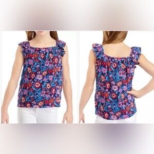 Vineyard Vines Girls Blue Floral Ruffle Tank Flutter Sleeves Size XL